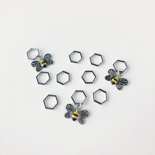 10 pc stitchmarker set for knitting, silver colored bees and hexagon