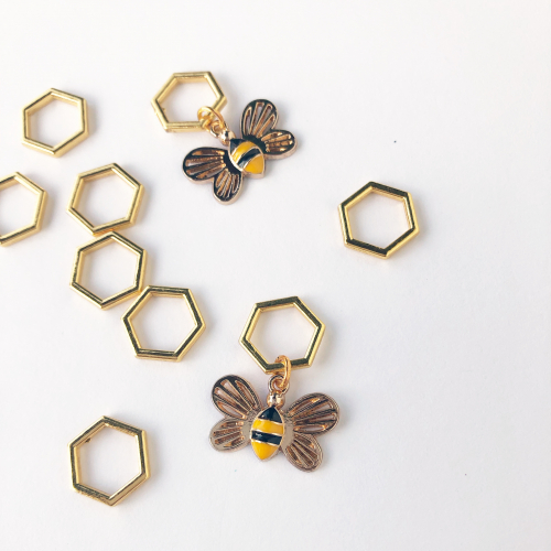 10 pc stitchmarker set for knitting, golden bees and hexagon