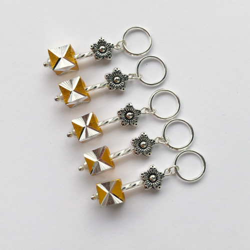 5 pc stitchmarker set for knitting, silver and yellow, flower