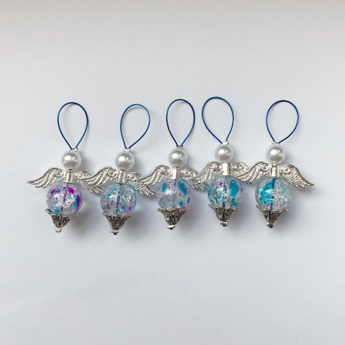 5 pc stitchmarker set for knitting, angel turquoise-purple