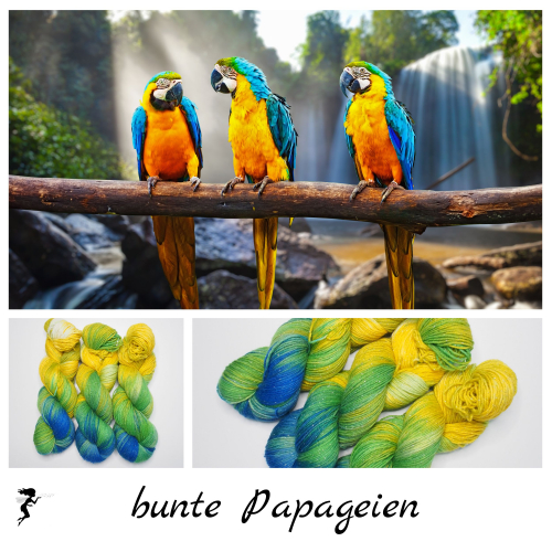 Bunte Papageien - 150g Sockenwolle 6-fach mit silber Glitzer, handgefärbt