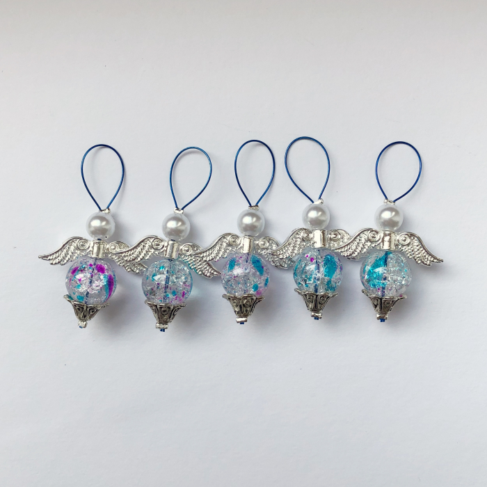 5 pc stitchmarker set for knitting, angel turquoise-purple