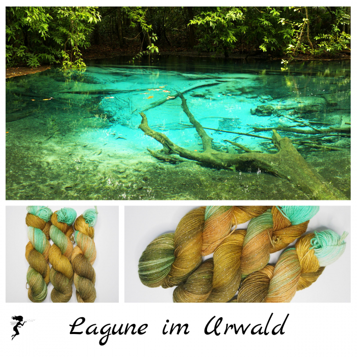 Lagune im Urwald - 150g Sockenwolle 6-fach mit silber Glitzer, handgefärbt