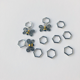 10 pc stitchmarker set for knitting, silver colored bees and hexagon